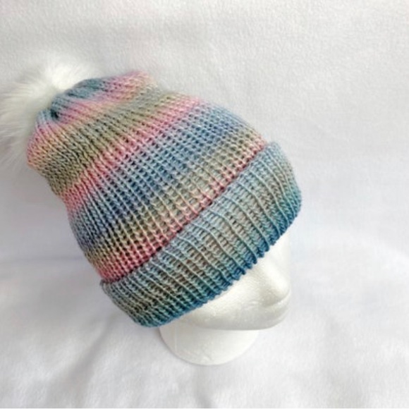 Pom Pom Hat, Knit Hat, Striped Hat, Pastel Beanie, Brand New, Never Worn - Picture 2 of 4